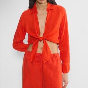 Babaton Aritzia Red Connection Linen Tie Front Blouse , Women’s Size XxS